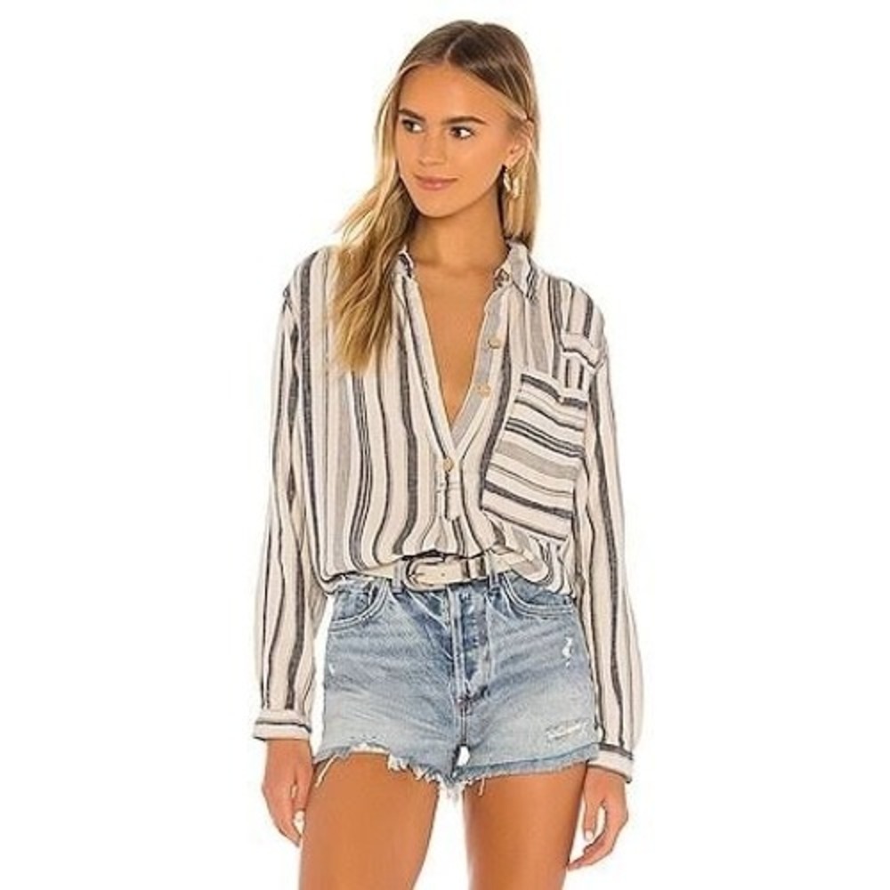 We The Free People Revolve women L summer breeze stripe linen blend blouse